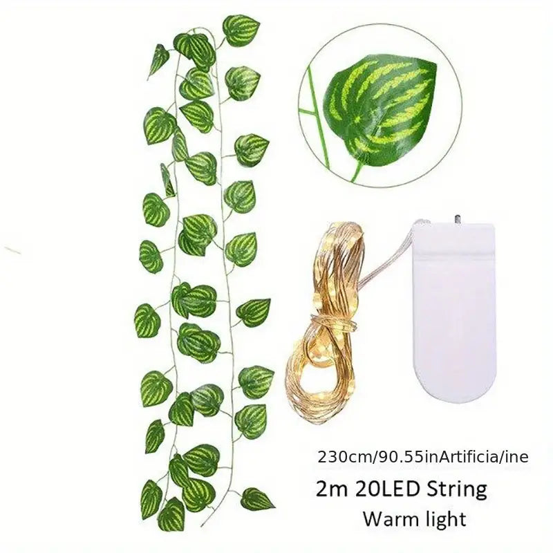 2.3m Silk Leaves Fake Creeper Green Leaf Ivy Vine 3m LED String Lights