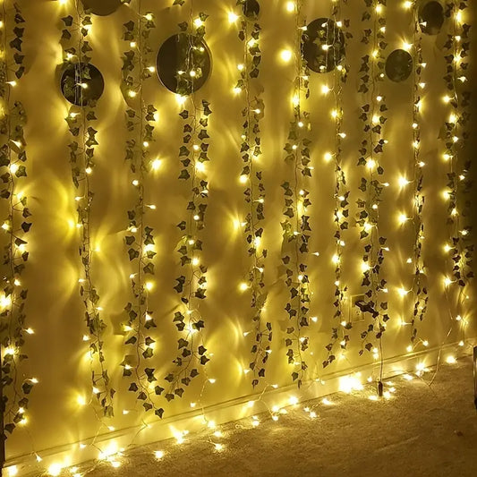 2.3m Silk Leaves Fake Creeper Green Leaf Ivy Vine 3m LED String Lights