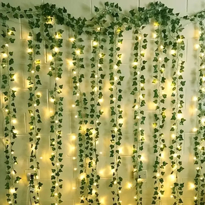 2.3m Silk Leaves Fake Creeper Green Leaf Ivy Vine 3m LED String Lights