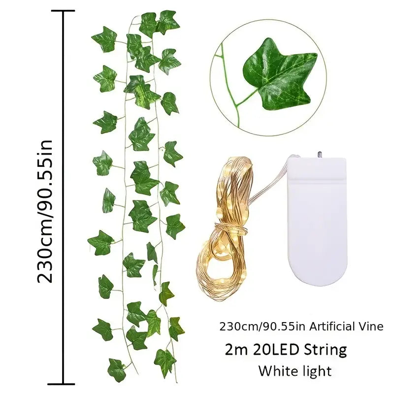 2.3m Silk Leaves Fake Creeper Green Leaf Ivy Vine 3m LED String Lights