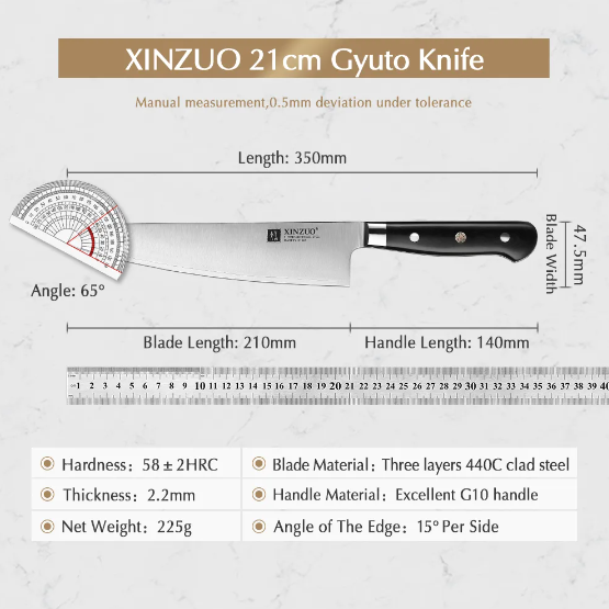 XINZUO 210mm Chef Knife 3 Layer 440C Core Clad Steel Kitchen Knives Stainless Steel Sharp Butchers Gyutou Knife with G10 Handle