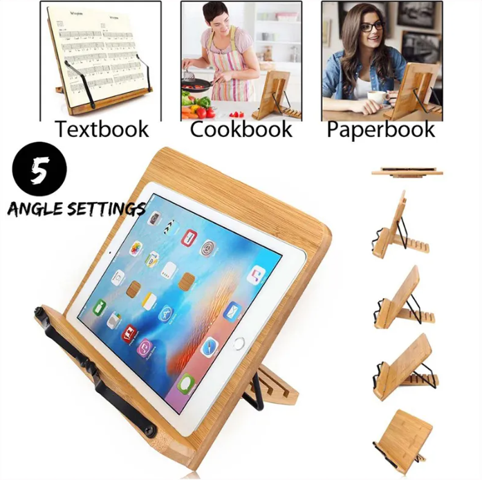 Portable Adjustable Book Holder Tray and Page Paper Clips-Cookbook Reading Desk Sturdy Stand for Books Lightweight Bookstand