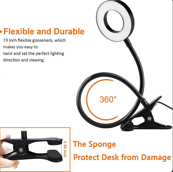 48 LEDs Clip on Desk Lamp 360°Flexible Gooseneck Reading Table Light Eye-Caring USB Clamp Books Night Light Study Read Light